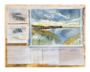 This painting is of a landscape painting, pinned to a wall, alongside the working sketches used to build the image.